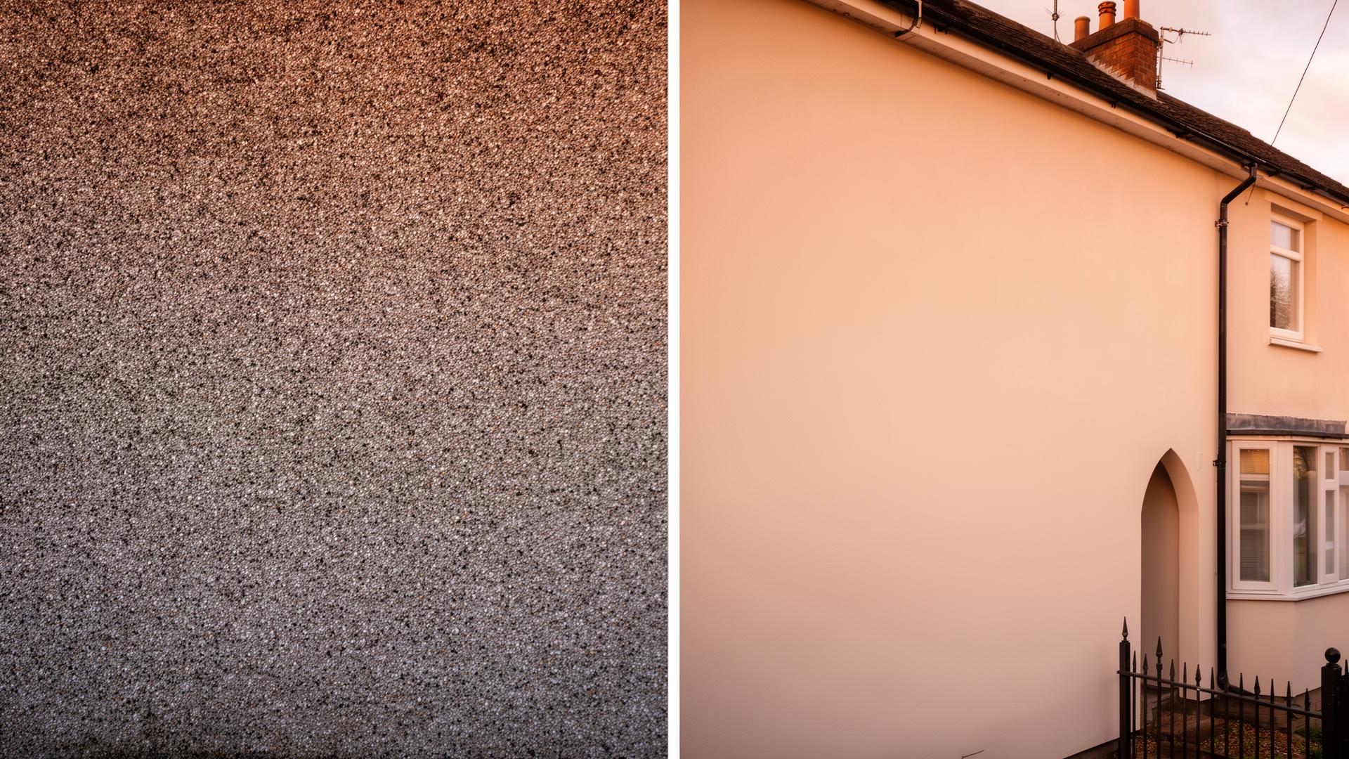 Before and after: dated pebbledash on the left, fresh modern silicone render on the right