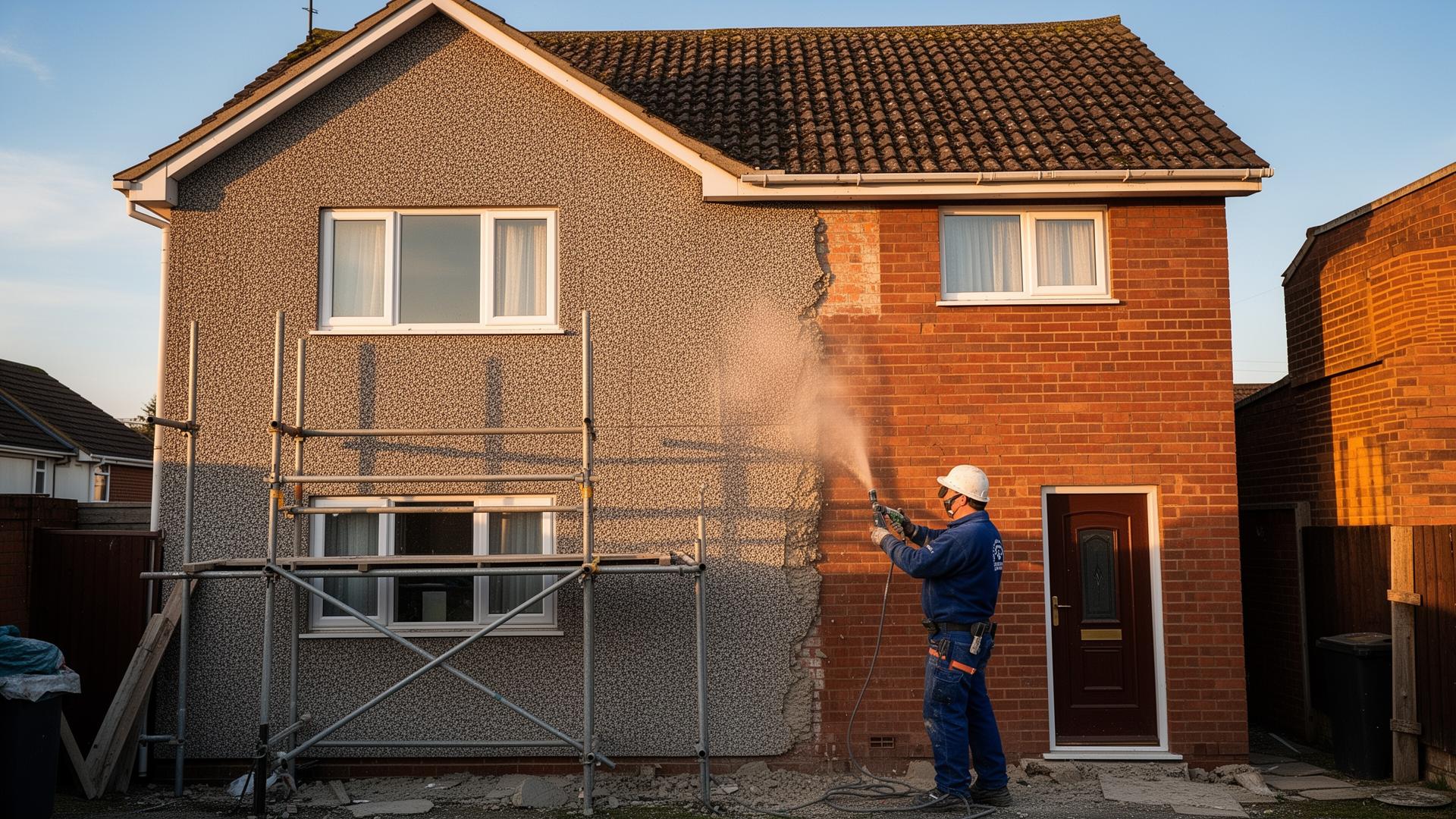 Pebbledash being removed from a Swindon semi-detached house